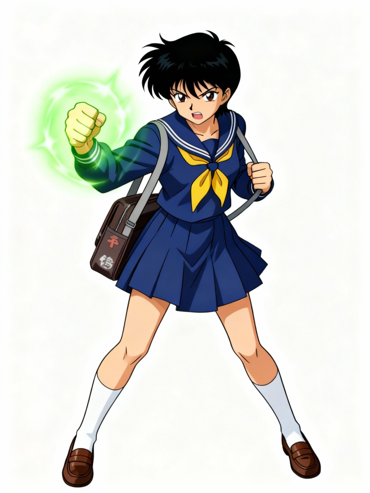 @ayuki-urameshi-fN0C wearing a blue serafuka, fist clenched with a green aura surrounding it, while the other hand is holding a japense school bag. She is angry and ready to fight