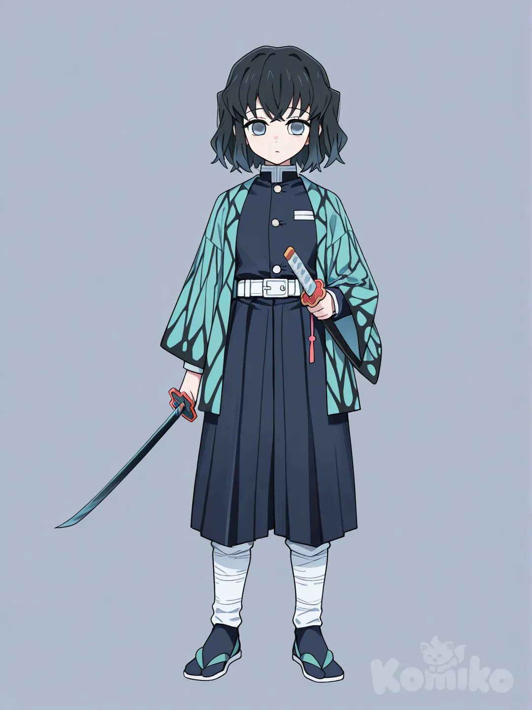 Pelo negro y corto ojos grises uniforme de cazador de demonios haori de estrellas , katana de látigo 
, [toon-shaded-style] adolecerte mujer, full body, @Tokitou_Muichirou