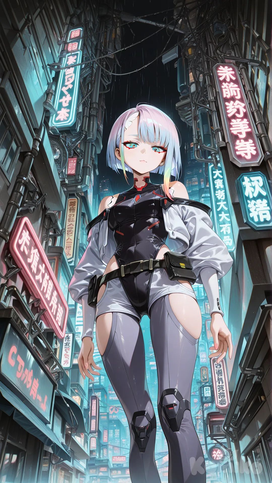 lucy (cyberpunk), [high-gloss-illustration-style], depressed, from below, neon lights