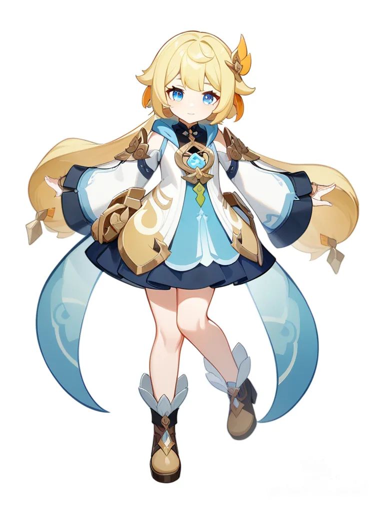 1girl, Citlali, original character, Genshin Impact style, blonde hair, blue eyes, single character, full body, looking at viewer, anime style, simple background, white background