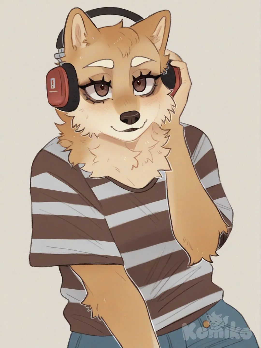 @doge-zHvs, t-shirt, jeans, headphones, [soft-shaded-moe-style], headshot
