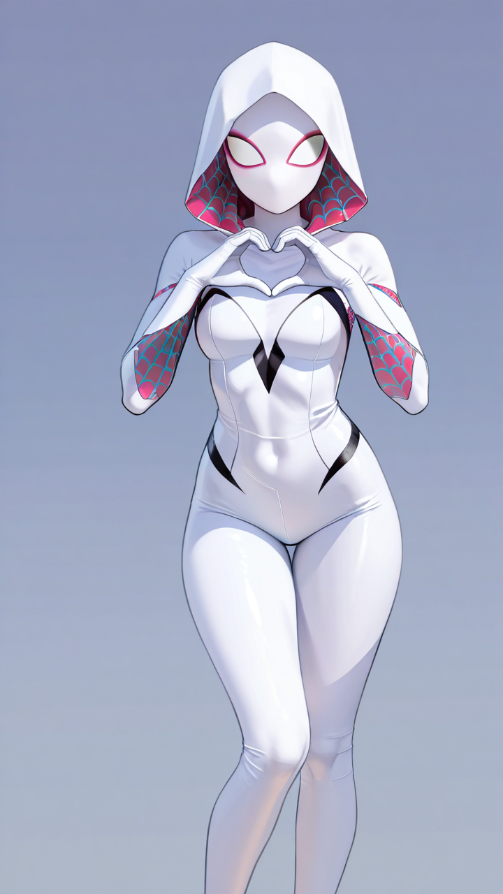 1girl, heart hands, spider-gwen, wedding dress, lingerie, bodysuit