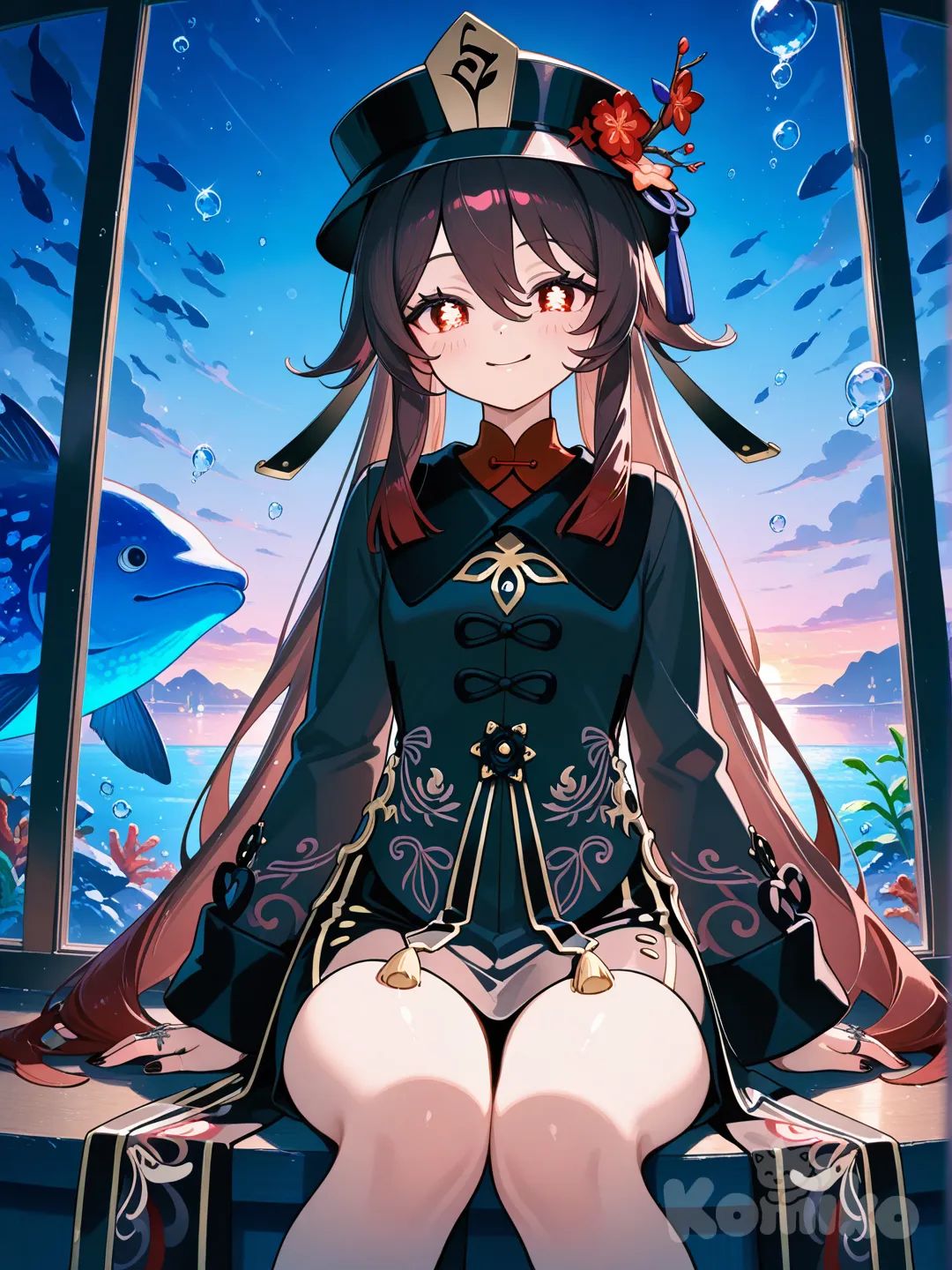 @Hu_Tao_(Genshin_Impact), twilight, day, aquarium