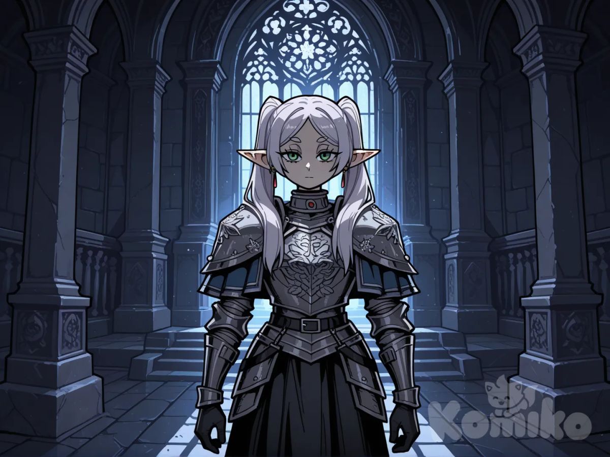 ‎(high detail:1.3), (8k resolution)
‎
confident pose, facing viewer, slight arch in back, (elegant), (sinister palace backdrop), intricate details, dramatic lighting. digital painting,concept art style, (inspired by Vanripper), sharp focus, intricate detail, high contrast, 8k resolution.

‎, 1girl, @Frieren vestida con una armadura al estilo dark souls , dark fantasy