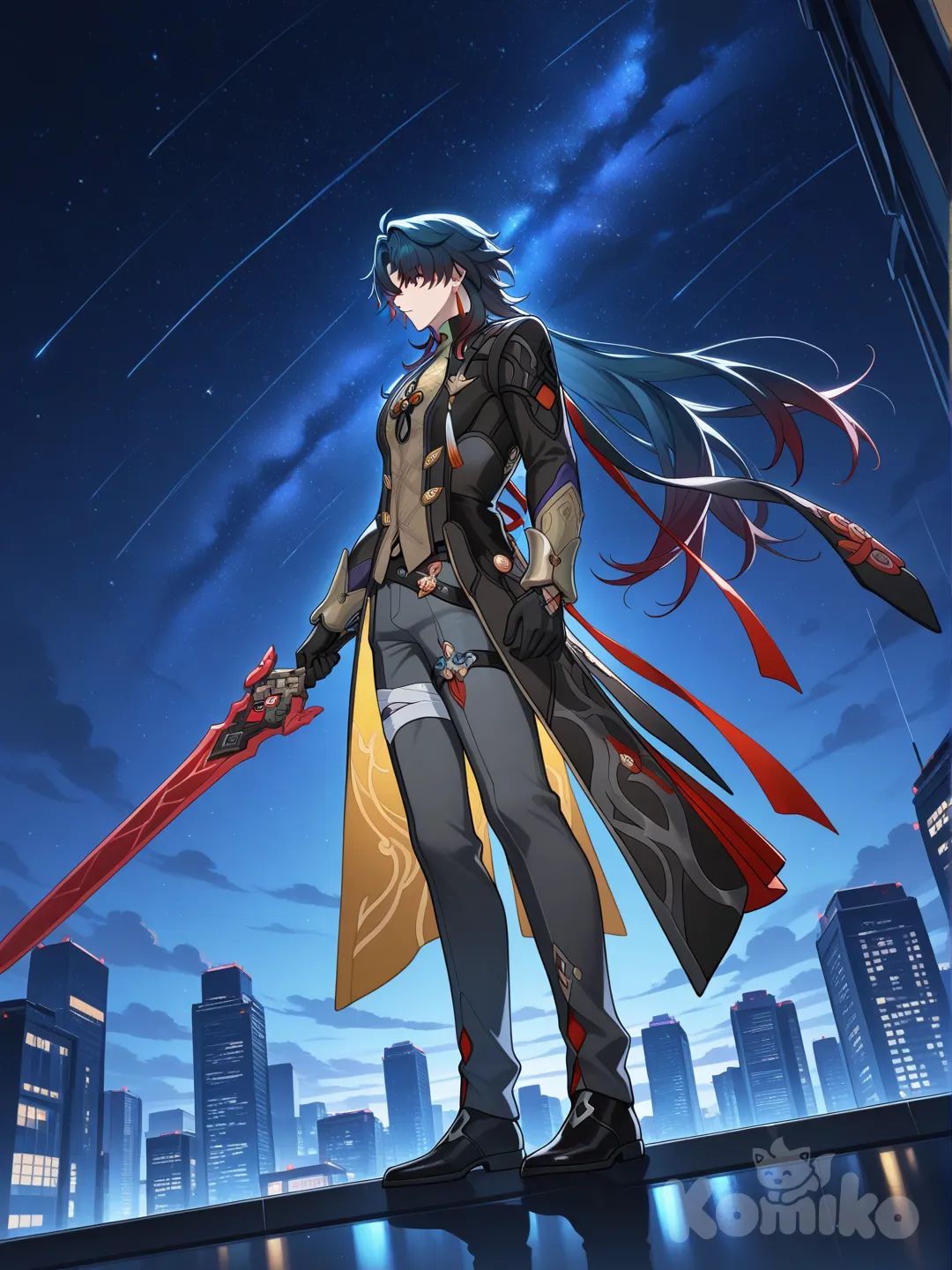 1boy, @Blade_(Honkai:Star_Rail), full body, side profile photo, from below, top light, side light, starry sky, skyscraper, holding sword, expressionless