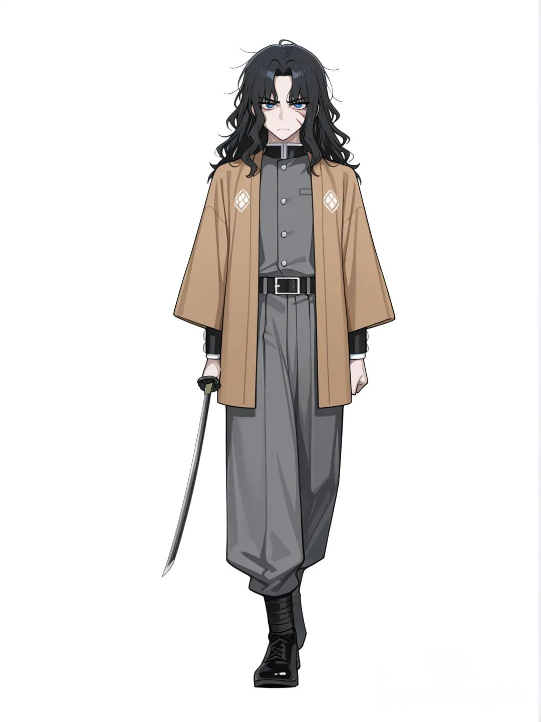 [toon-shaded-style] 1boy, semi_realistic, portrait, jelly_artstyle, black_hair, long_hair, wavy_hair, blue_eyes, piercing_eyes, pale_skin, scar, scar_on_face, scar_from_mouth_to_left_eye, athletic_build, teenager, serious_expression, demon_slayer_uniform, grey_uniform, silver_buttons, haori, brown_haori, beast_design, vintage_haori, long_haori_sleeves, haori_sleeves_covering_hands, baggy_pants, covering_ankles, holding_katana, looking_down_at_viewer, single_character, full_body, simple_background, white_background