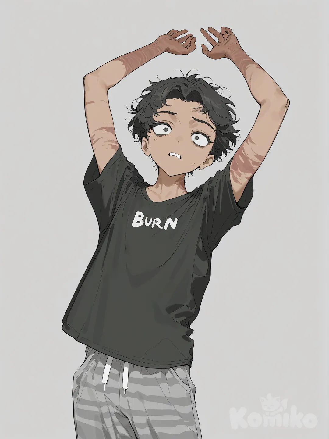 A teenage boy, Mexican with warm brown skin, curly dark short hair that covers his ears, burns on arms along with minor scars, wearing t-shirt and pajama pants, looking frightened, grey background