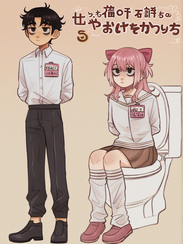 [soft-shaded-moe-style] 1boy, 1girl, aikoku yajima, nao yamamoto, toilet_bound_hanako_kun style, manga cover, school uniform, middle school student, white shirt, black trousers, name tag, japanese text, choppy short hair, brown hair, dead eyes, void swirl, black long sleeves, white sailor collar, pink hair bow, long hair, black hair, choppy bangs, school background, full body, looking at viewer