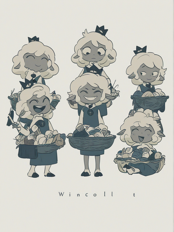 [bright-anime-style] multiple_girls, lamb_(cult_of_the_lamb), una, tup, wether, winifred, ethel, thesis, anthropomorphic_sheep, wool_hair, hooves, tunics, basket, cotton, knitting_materials, sewing_tools, simple_home, rolled_cots, shrines, cult_altar, old_statue, corner_shrine, group, siblings, talking, carrying_basket, looking_down, grinning, sighing, laughing, single_character, full body, looking at viewer, anime style, simple background, white background