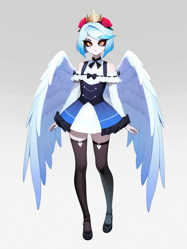 1boy, hazbin_hotel_style, angel, light_blue_hair, toga, white_wings, floral_crown, sword_on_back, single character, full body, looking at viewer, simple background, white background