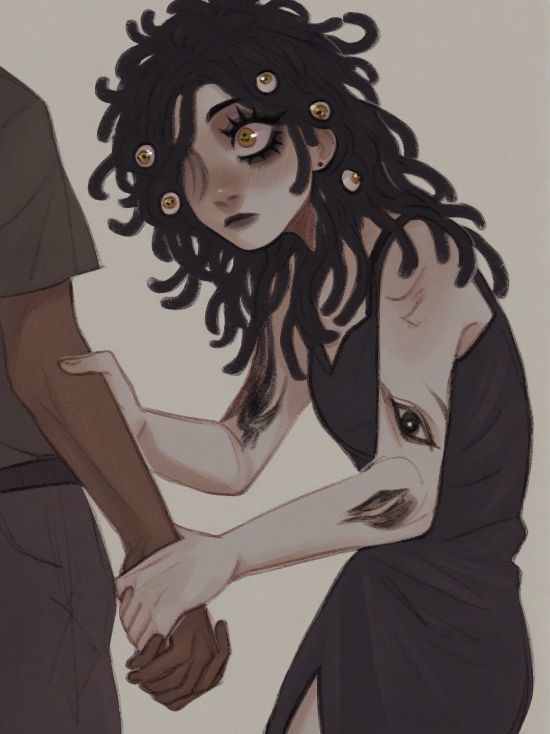 [soft-shaded-moe-style] 1boy, 1girl, holding_hands, tall_man, dark_skin, long_dreadlocks, dark-skinned_male, eyeball_head, floating_eyeball_head, blacked_out_face, single_eye_in_darkness, missing_arm, torn_arm_hanging_by_vein, bent_animalistic_legs, black_dress_pants, formal_wear, 1890s_attire, little_girl, dark-skinned_female, black_curly_hair, green_1890s_attire, creepy, eyelashes, analog_horror, semi_realistic, shadows, weirdcore_background, eye_people, liminal_spaces, lucid_dream, full_body, looking_at_viewer, simple_background, white_background