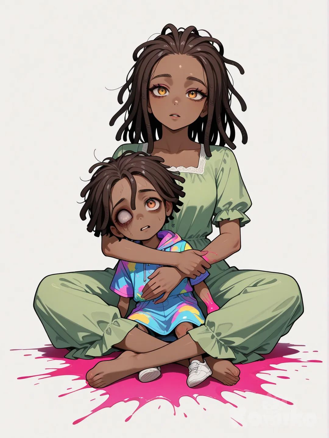 1boy, 1girl, creepy, weirdcore, dreadlocks, dark skin, missing eye, holding, little black girl, arm torn off, cave, bright pink blood, colorful suit, green dress, semi-realistic, full body, looking at viewer, simple background, white background, cradling girl, afraid, staring up at viewer, sitting down