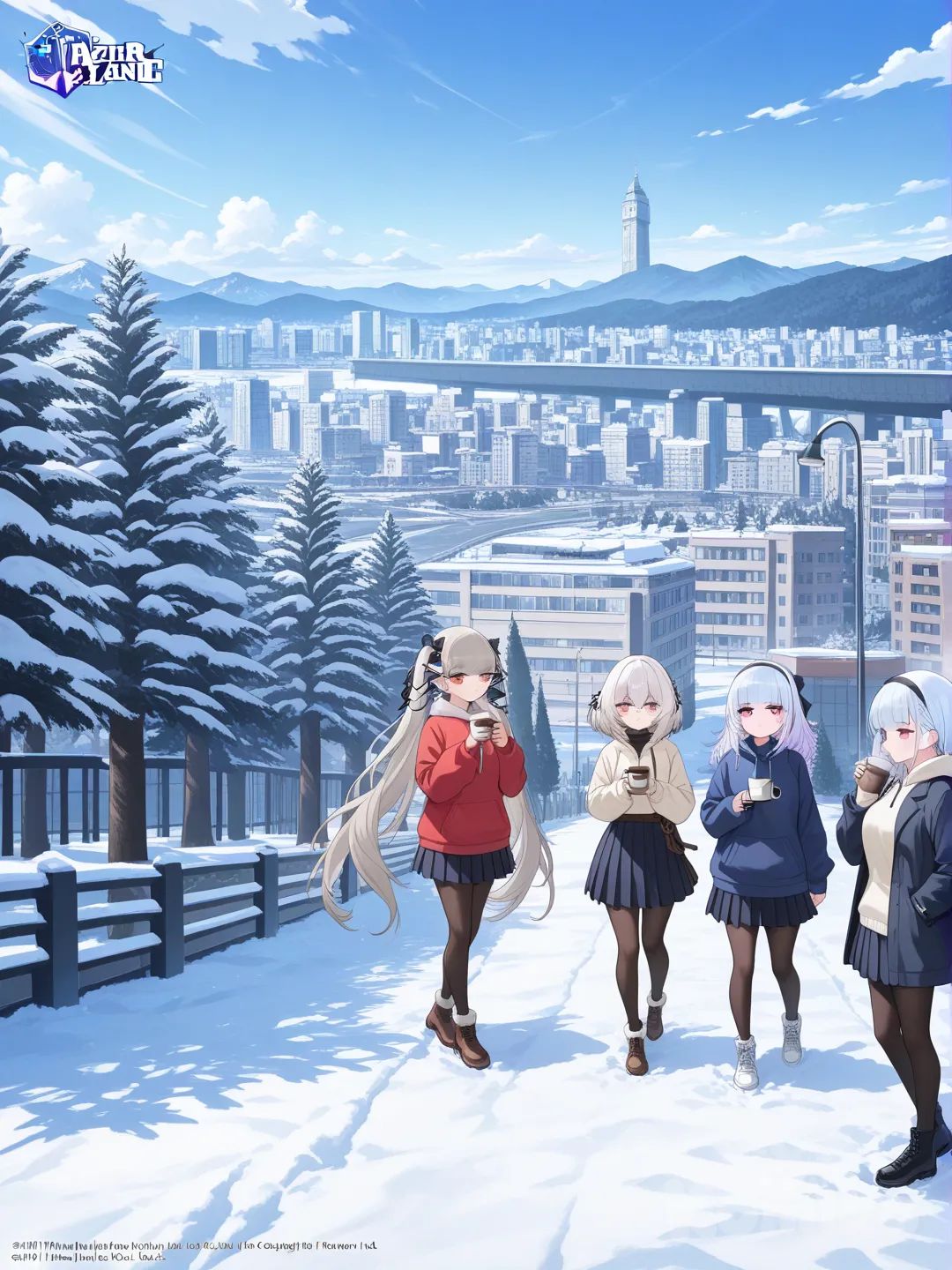 anime screencap, anime coloring, comic shading, hoodie, pleated skirt, Ribbon in her hair,curvas, tomando cafe ,snowy, park, cityscape, panoramic lens ,3 chicas @Dido_(Azur_Lane), @Formidable_(Azur_Lane), @Sirius_(Azur_Lane)