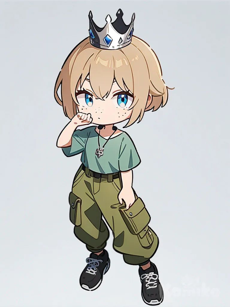 1girl, teenager, tall, light brown hair, blue eyes, freckles, fair skin, sage green t-shirt, cargo pants, silver crown with blue gems, black necklace with small cat pendant, single character, full body, looking at viewer, anime style, simple background, white background