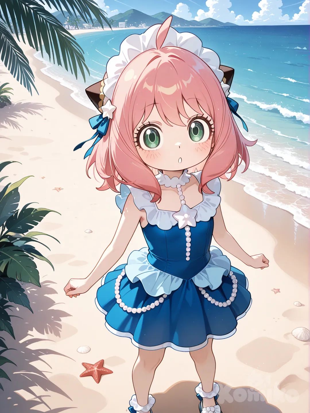 Anya,(Spy X Family) 1girl, solo, 2.5d style, douma eyes Primarina cosplay dress, standing on beach with tropical flowers