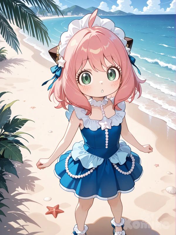 Anya,(Spy X Family) 1girl, solo, 2.5d style, douma eyes Primarina cosplay dress, standing on beach with tropical flowers