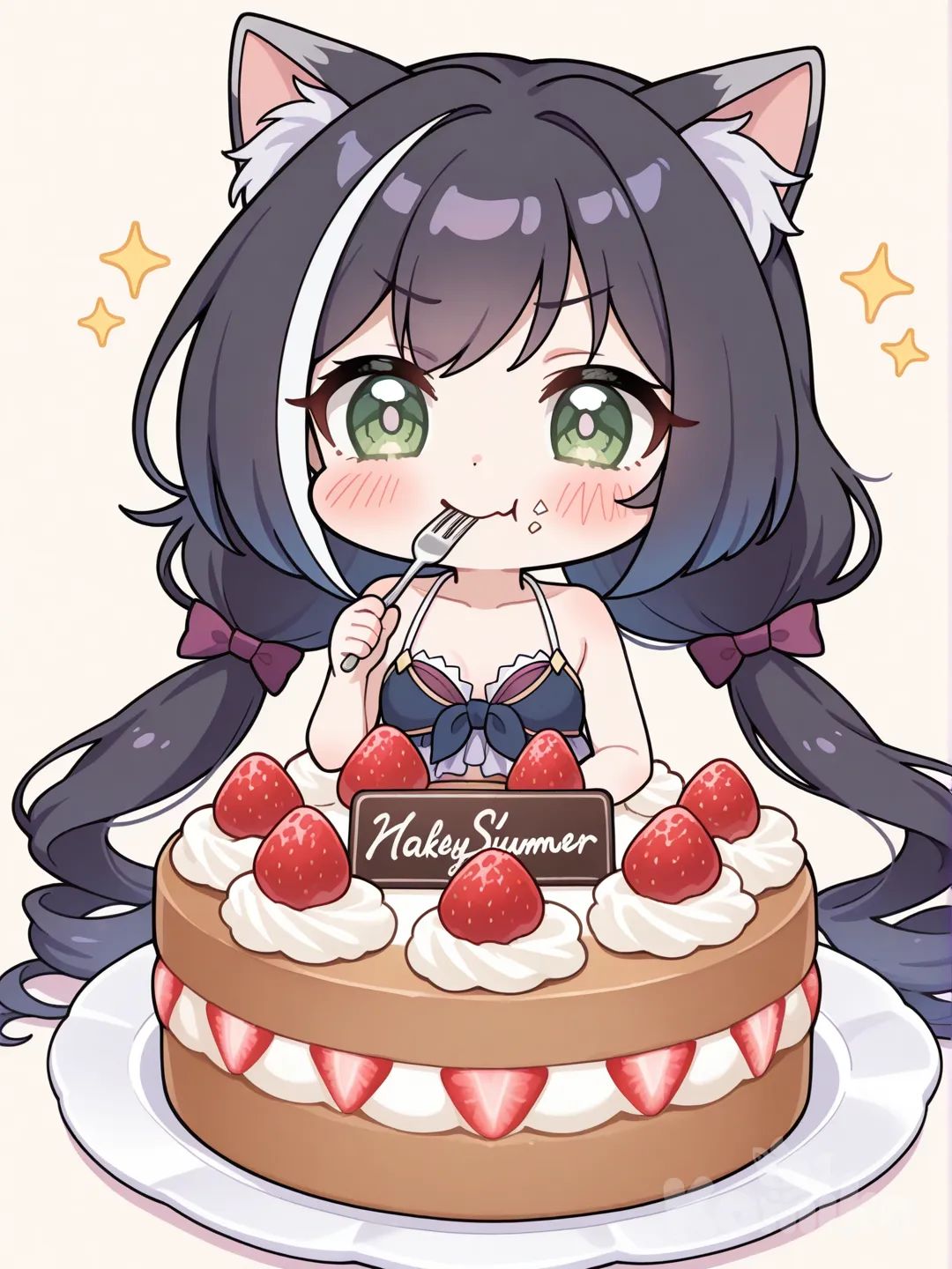 Loli,@Karyl_(Summer)_(Princess_Connect!)chibi,comiendo pastel, de forma tierna.