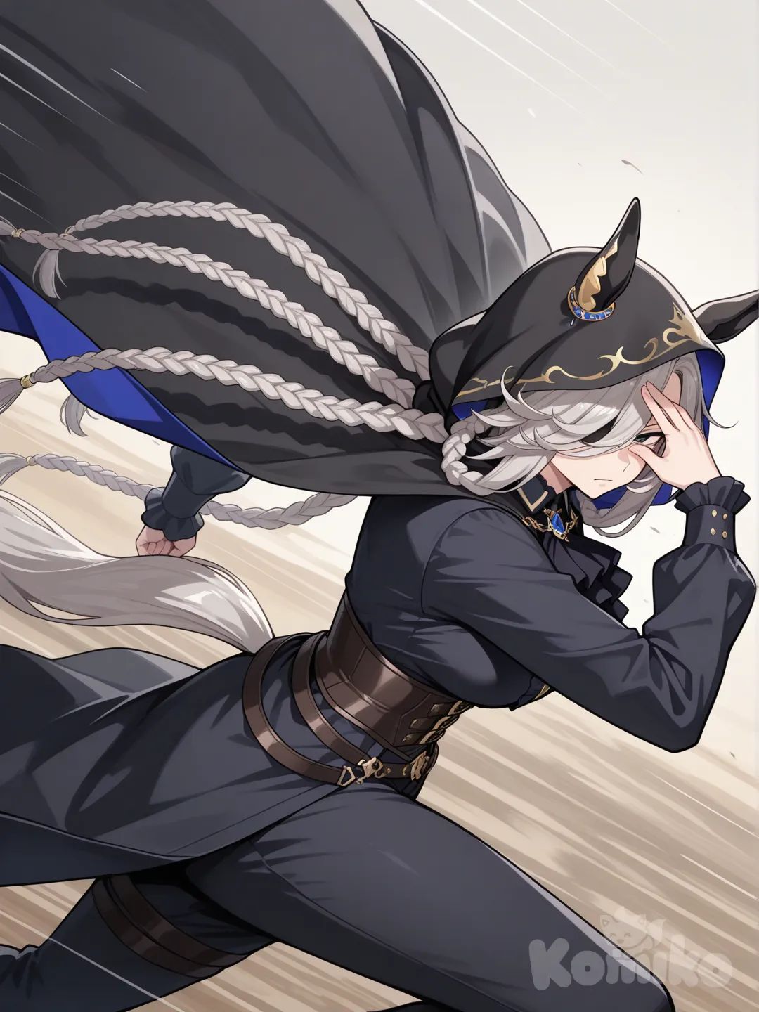 braid, multiple braids, ring in braids, very long hair, 1girl, very tall female, umamusume, horse tail, horse ears, grey hair, long bangs, very long sideburns, dark blue eyes, eye patch, mature female, serious face, relaxed eyes, tired gaze, kuudere, cape, fluffy cape, hood, black hood, ascot, long ascot, corset, multiple belts, racing, running