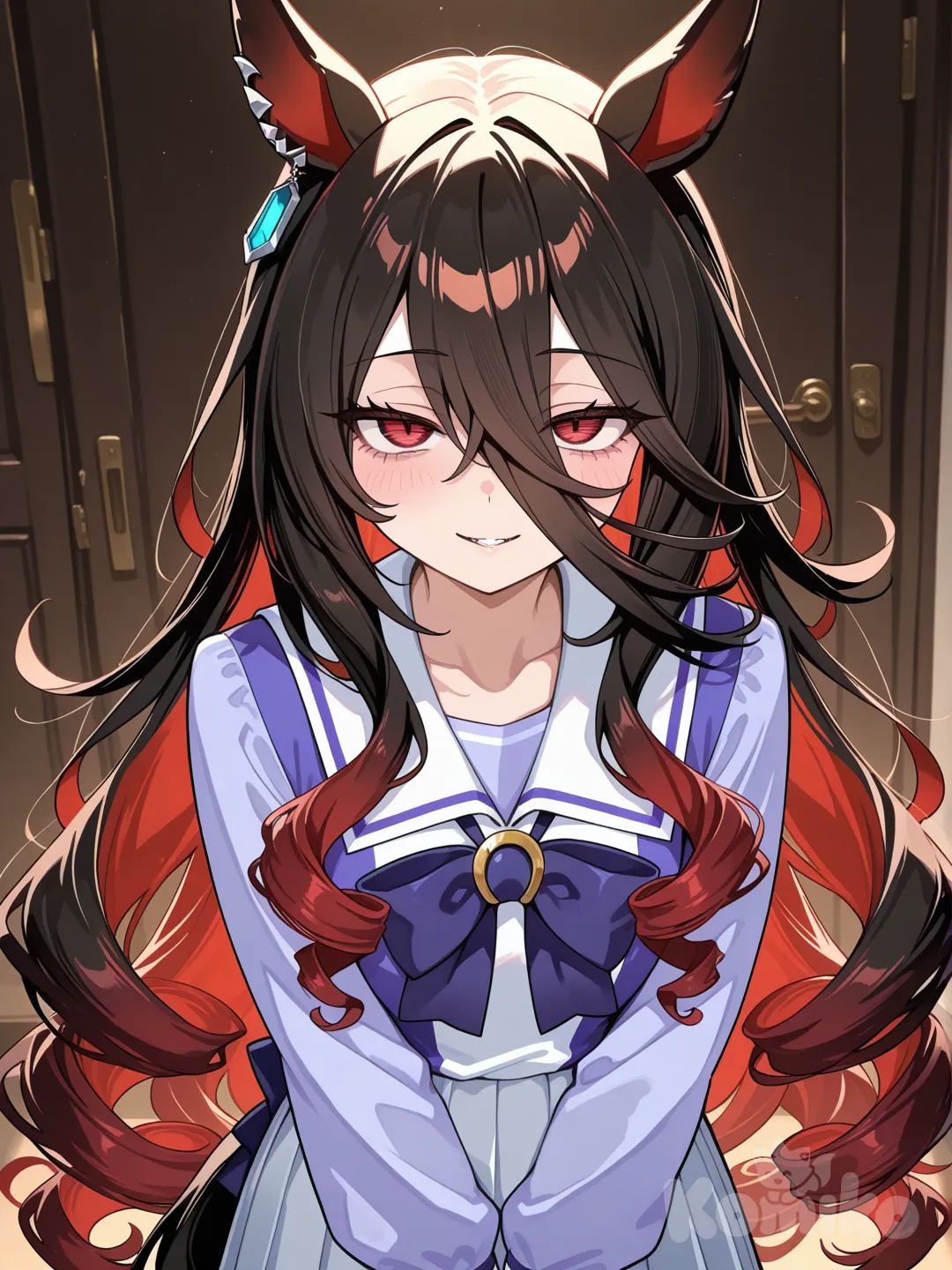 1girl, horse tail, horse ears, very long hair, black hair, curly hair, red eyes, red streaks, multicolored hair, tracen school uniform, horse girl, straight bangs, long bangs, sharp eyes, curly streaks, relaxed eyes, elegant