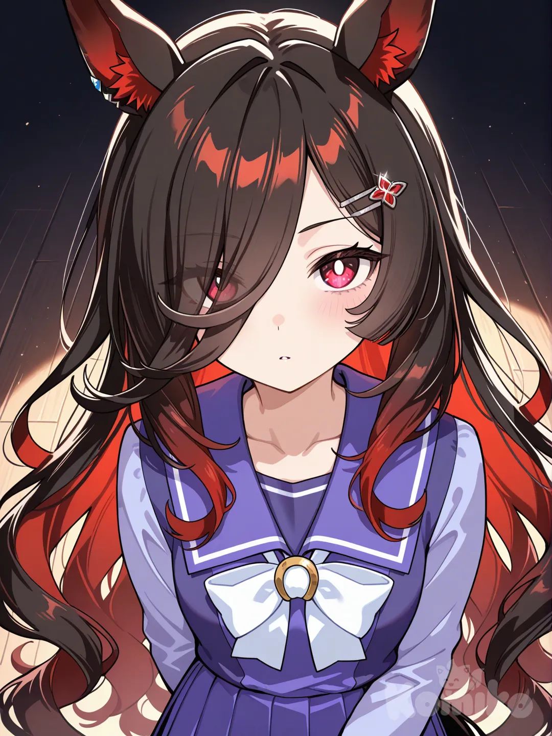 1girl, horse tail, horse ears, very long hair, black hair, curly hair, red eyes, multicolored hair, tracen school uniform, horse girl, straight bangs, sharp eyes, relaxed eyes, elegant, bright eyes, hairclip, red hair, white pupils, umamusume, two-tone hair