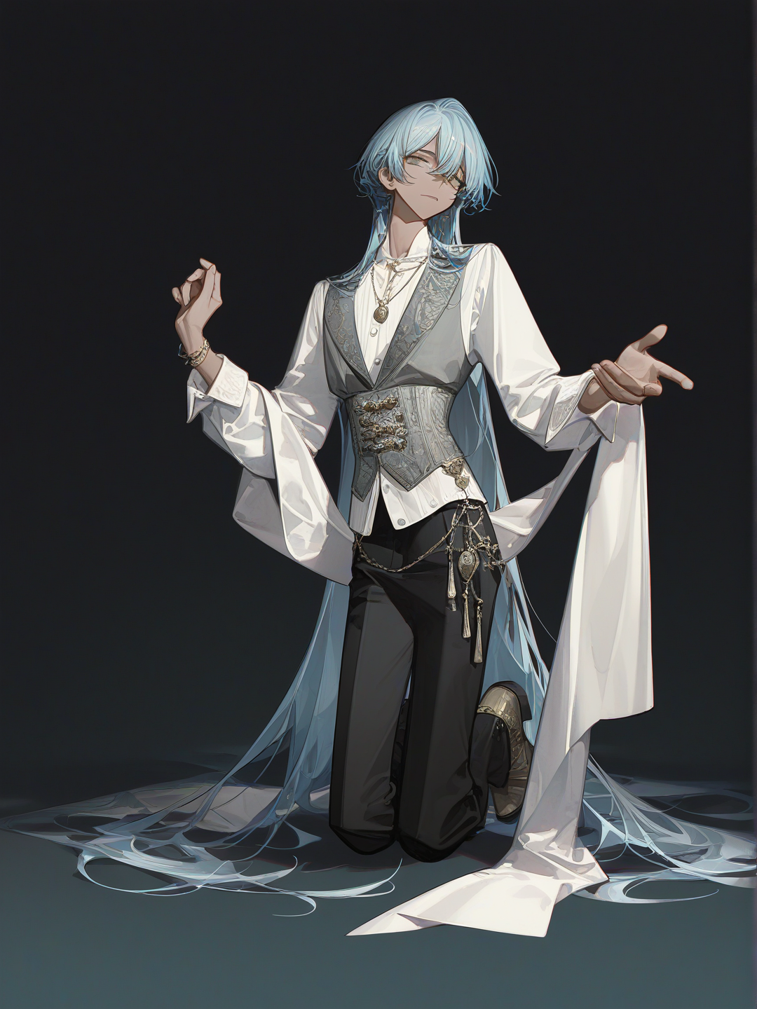 1boy, [high-contrast-glossy-style], hands up, white dress shirt, gray male corset vest, black pants, brown knee-high heeled boots, very long hair, pale blue hair, green eyes, locket, silver bangles, androgynous, mature male, tan skin