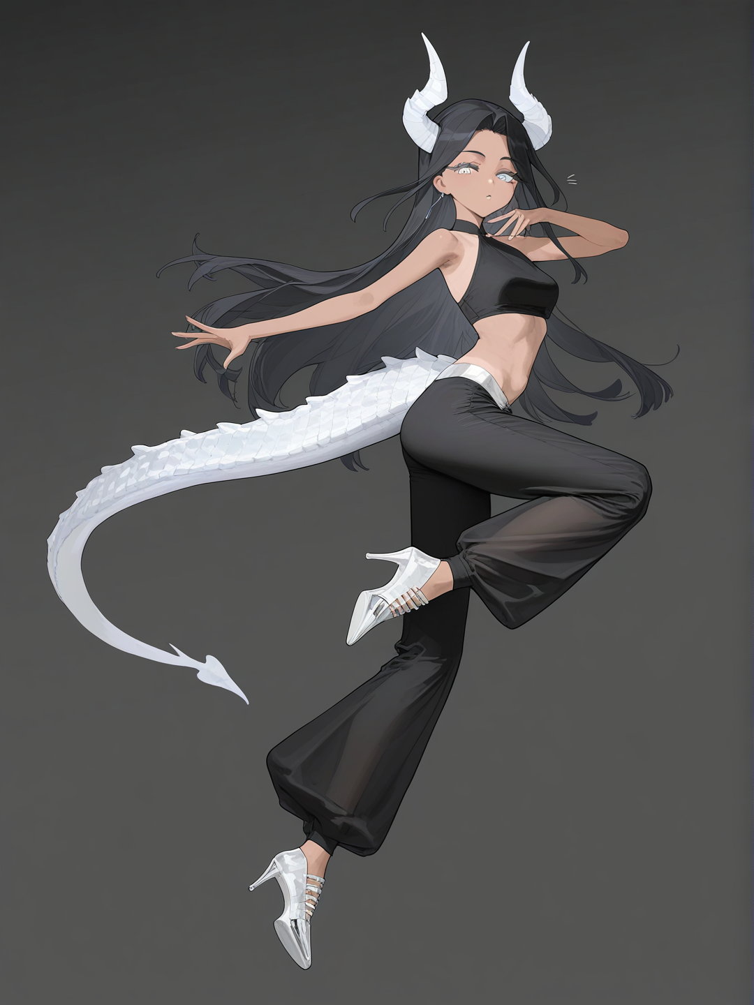 1girl, [vibrant-anime-style], dancing, mature, slim, tan skin, long pitch black hair, bright silver eyes, white scales, white dragon tail, white dragon horns, wearing a black cropped blouse, black dancer pants, silver heeled dancer shoes