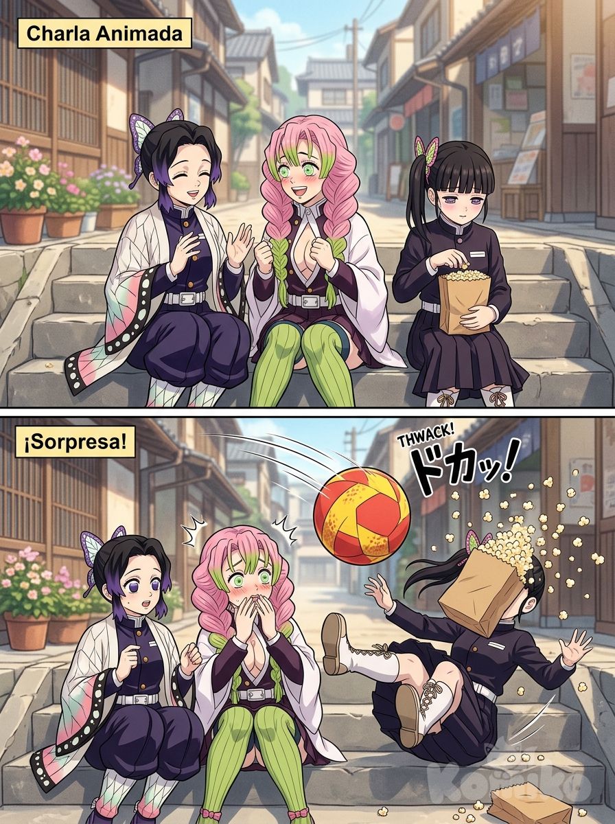 Que en primera se vea a kochou shinobu y karonji mitsuri y que estén charlando mientras están sentadas en unas escaleras en la ciudad mientras Tsuyuri Kanao está al lado de ellas mientras ella tímidamente intente comer un poco de palomitas en su bolsa pero de repente alguien misterioso le da un pelotazo con una pelota grande y que ella caiga despaldas y con su bolsa de palomitas en su cara <dominant-panel>, [grayscale-manga-style]