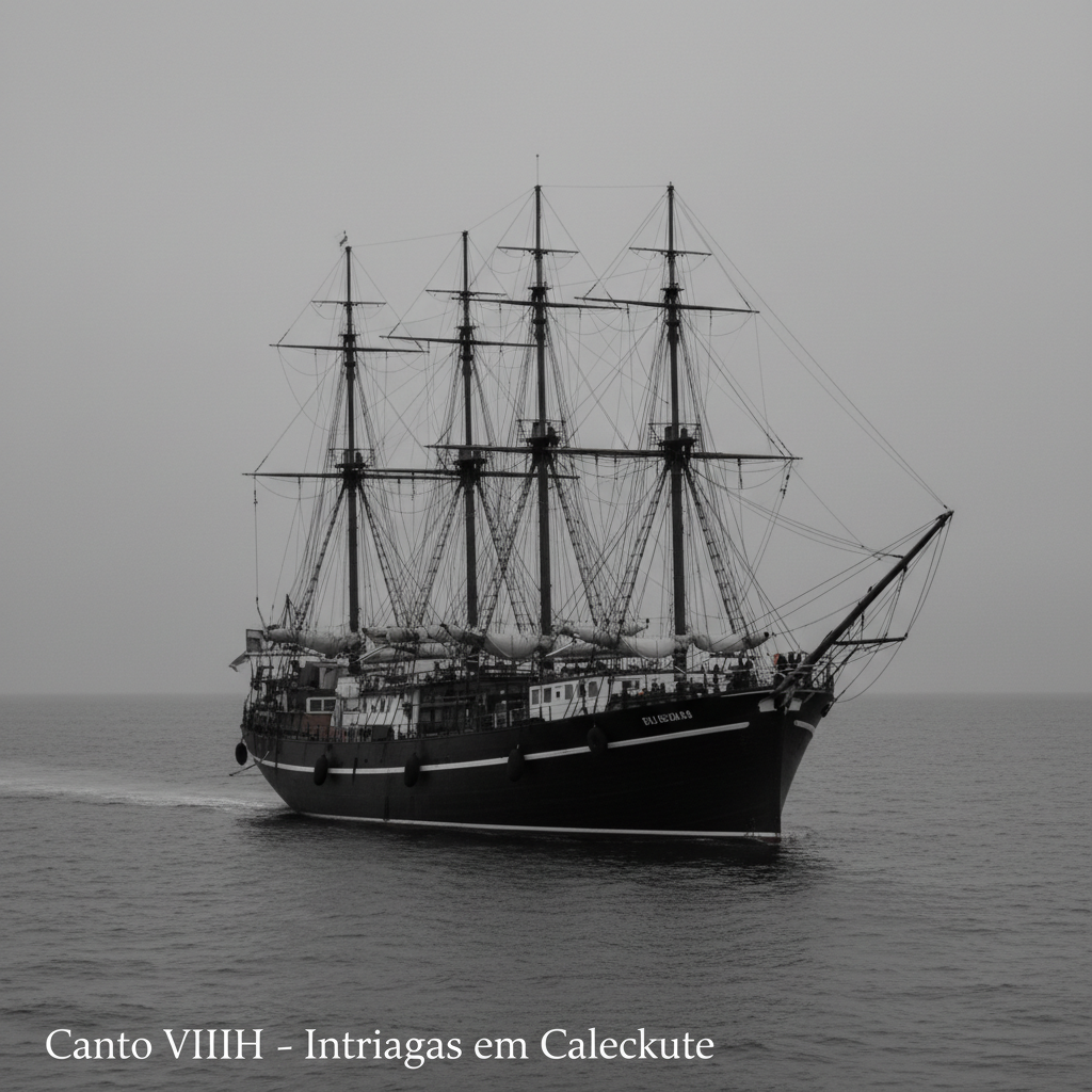 Quadradinho 1 (Pinturas dos Heróis): Catual admira murais com Egas Moniz (ramo na mão), Fuas Roupinho e Nuno Álvares; Gama explica vitórias em Ceuta, Alcácer e Aljubarrota. Balão Catual: 'Que heróis incríveis!﻿'. Legenda: 'Paulo da Gama descreve glórias lusitanas.'

​

Quadradinho 2 (Intrigas de Baco): Baco disfarçado de Maomé sonha a sacerdote muçulmano, alertando contra portugueses; Catual e conselheiros subornados tramam. Balão Baco: 'Destruí esses intrusos!﻿
'. Legenda: 'Muçulmanos sobem Samorim contra Gama.'

​

Quadradinho 3 (Prisão e Resgate): Gama preso recusa aproximar naus; envia mercadorias via Paulo, Álvaro e Diogo; Catual liberta após roubar ouro. Balão Gama: 'Liberdade com fazendas!﻿
'. Legenda: 'Catual traiçoeiro fica com resgate.'

​

Quadradinho 4 (Reflexão sobre o Ouro): Camões (narração) condena cobiça corruptora de reis, pobres e virgens; Catual com ouro brilhante. Balão Camões: 'Ouro move ações vis!﻿

 '. Legenda: 'Camões critica poder corruptor do ouro.'

Formato: Imagem única em grid 2x2, título 'Canto VIII - Intrigas em Calecute | Os Lusíadas﻿
', rodapé com mapa Calecute. Estilo: vibrante, tons dourados/escuros, como BD de aventura