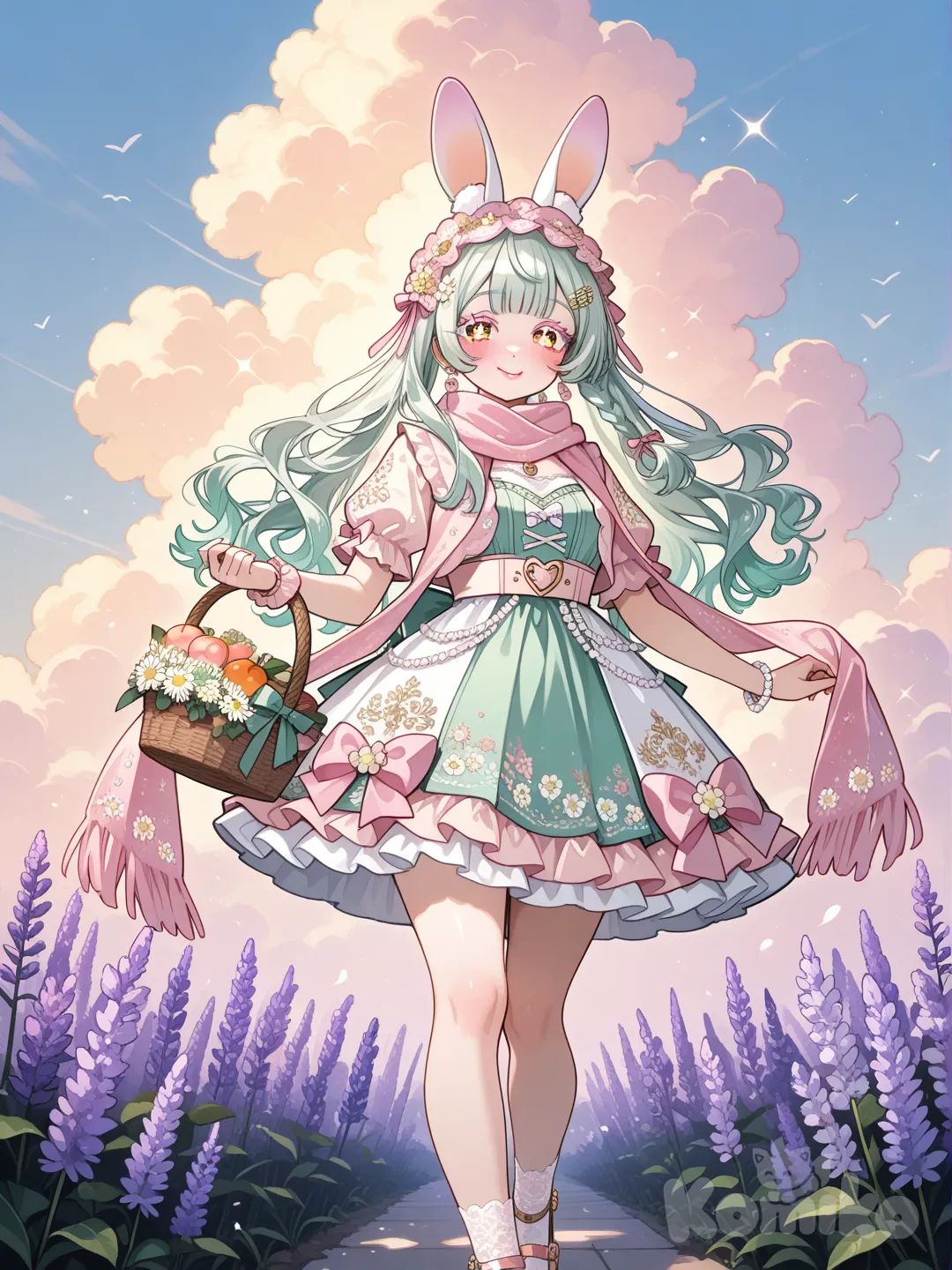 A hyper-photorealistic 16-year-old cute girl with delicate facial features, soft porcelain skin with a faint peach blush on cheeks and nose tip, large sparkling amber eyes framed by thick fluttery dark lashes and subtle pink eyeshadow, a small upturned nose with a tiny mole at the base, and plump glossy cherry-pink lips curved into a gentle, shy smile showing two faint dimples. Her hair is long wavy honey-blonde cascading down to her waist, adorned with a intricate silver hair chain woven through the strands, dotted with tiny pastel-blue sapphires and pearl beads, plus a pair of handcrafted floral hairpins—one with a blooming white cherry blossom and the other with a soft pink peony, both accented with tiny green crystal leaves and delicate gold wiring. She wears a frilled lace headband in ivory with delicate embroidery of tiny daisies and lavender, and a few loose curls frame her face, with a small braid on each side secured with tiny silk ribbons in mint green and baby pink.
 
Her outfit is a whimsical vintage-style dress: a fitted bodice made of soft lavender tulle layered over satin, adorned with hand-sewn pearl clusters, tiny crystal sequins, and delicate lace appliqués of butterflies and roses, with puffed short sleeves trimmed with ruffled organza and tiny pom-poms in pastel yellow. The skirt is a voluminous tiered design with layers of sheer tulle in soft pink, lavender, and mint green, each layer edged with scalloped lace and dotted with small fabric flowers (white daisies, pink carnations, lavender blooms) and tiny bell-shaped charms that jingle softly. She wears a cropped ivory cardigan with puffed sleeves, trimmed with delicate crochet lace and a small bow at the collar, and a satin ribbon belt in baby pink tied around her waist with a large, fluffy bow at the back, adorned with a small silver locket shaped like a heart.
 
Her accessories are intricate and charming: delicate silver earrings shaped like tiny cherry blossoms with pink gemstone centers, a thin silver necklace with a pendant of a tiny hand-painted porcelain rabbit holding a carrot, a stack of three thin bracelets—one silver with tiny pearl beads, one pastel-pink enamel with floral engravings, and one braided silk cord with small wooden beads and a tiny crystal star. On her fingers, she wears two dainty rings: one with a small oval-cut aquamarine and the other with a tiny rose-gold flower with a minuscule ruby center. Her ankles are adorned with thin silver chains with tiny bell charms, and she wears white lace ankle socks with scalloped edges and Mary Jane shoes in soft pink leather, decorated with pearl buttons and tiny bows.
 
She holds a small vintage-style wicker basket lined with pastel-pink satin, filled with a few fresh wildflowers (daisies, clover, lavender) and a tiny stuffed white rabbit plushie with pink ears. Around her shoulders, there’s a sheer chiffon scarf in mint green with subtle watercolor prints of rabbits and flowers, flowing gently in the breeze. The background is a sunlit meadow with soft green grass, dotted with wildflowers and buttercups, with a distant backdrop of a pastel-colored cottage and a clear blue sky with fluffy white clouds. Soft golden hour lighting, warm and gentle, casting a soft glow on her hair and skin, creating subtle shadows and highlighting the intricate details of her accessories and outfit. Ultra-textures: the softness of tulle, the shine of satin, the delicacy of lace, the sparkle of crystals and pearls, the fluffiness of her hair, and the smoothness of her skin. 8K resolution, photorealistic rendering, cinematic composition, soft focus on the subject, vibrant yet dreamy color palette, whimsical and magical atmosphere.