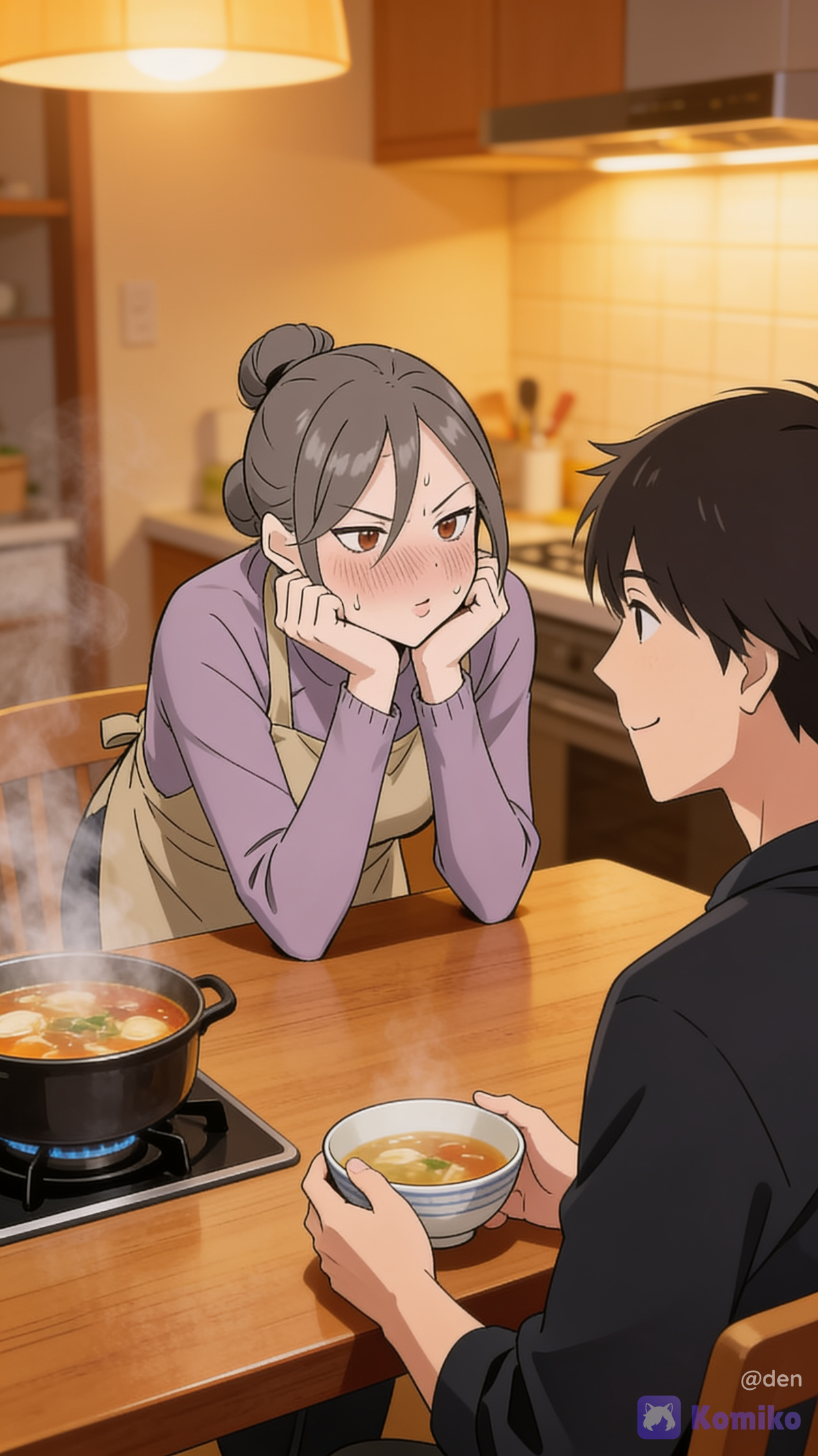 Mother and daughter's friend  face each other in the warm kitchen. ✨🍲