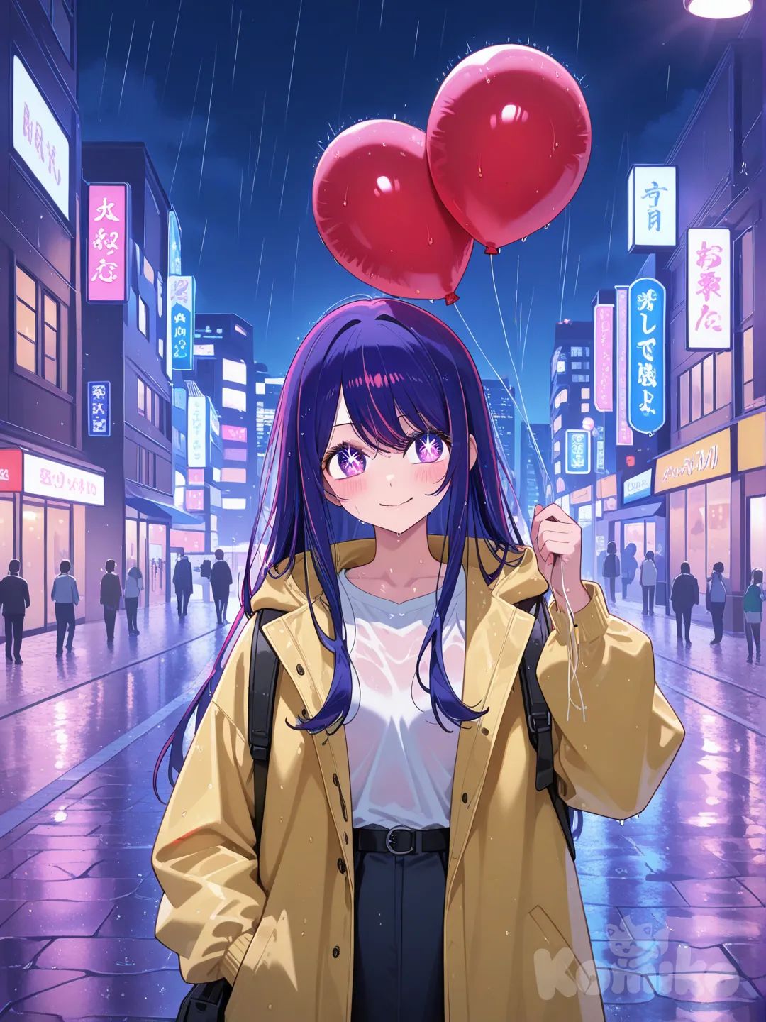 Hoshino Ai (Oshi No Ko), yellow coat, playing with a red balloon, in the rain, in a city