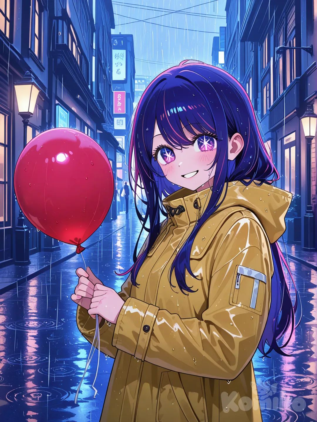 Hoshino Ai (Oshi No Ko), yellow coat, playing with a red balloon, in the rain, in a city