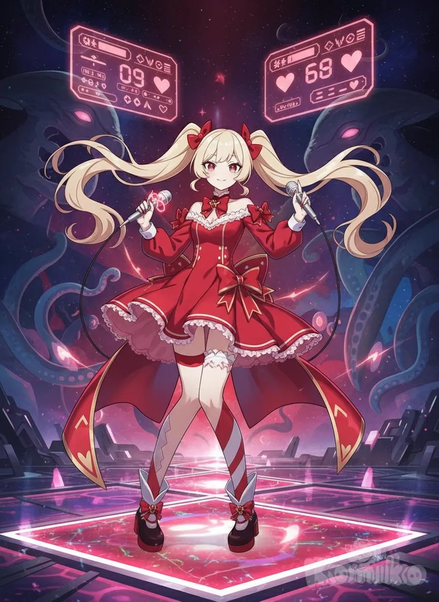 <rin-34h0>, alien stage, vocaloid, singing, dancing, concert, scoreboard, eerie atmosphere, adorable, popster, vtuber, intricate unique outfit - red off-the-shoulder short evening dress with a large bow on the hem.