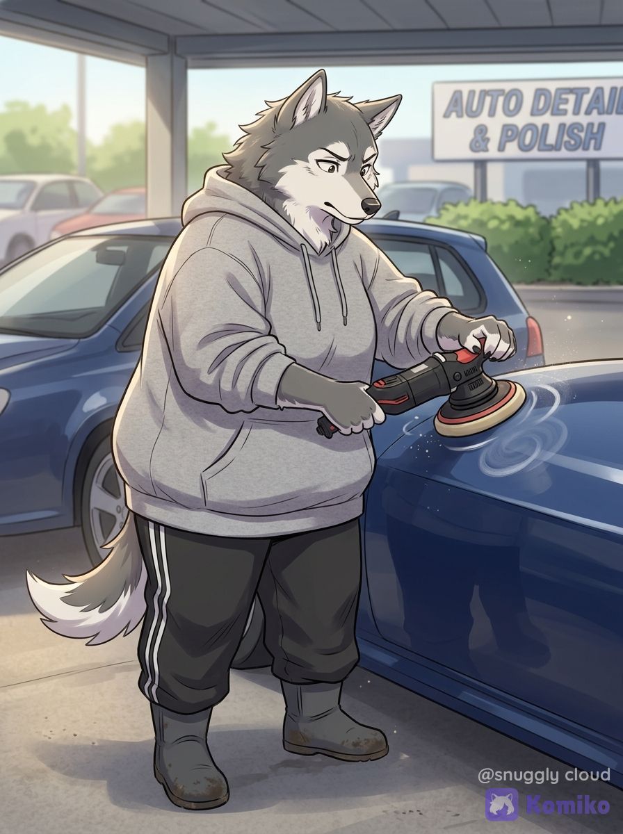 Wolf waxing the car