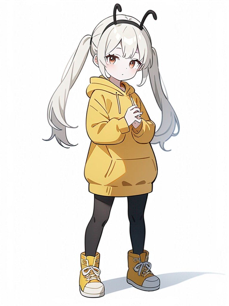 1girl, child, petite, white hair, long hair, pigtails, brown eyes, pale skin, hoodie dress, black leggings, yellow boots, black headband, antennae, single character, full body, looking at viewer, anime style, simple background, white background