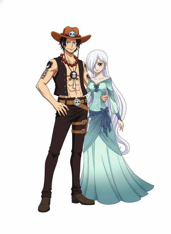 1boy, 1girl, one piece style, couple, lovers, full body, looking at viewer, simple background, white background