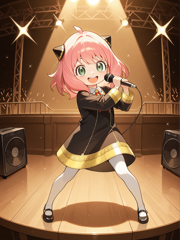 @Anya_(Spy_X_Family), dancing, singing, full body, stage light, smile