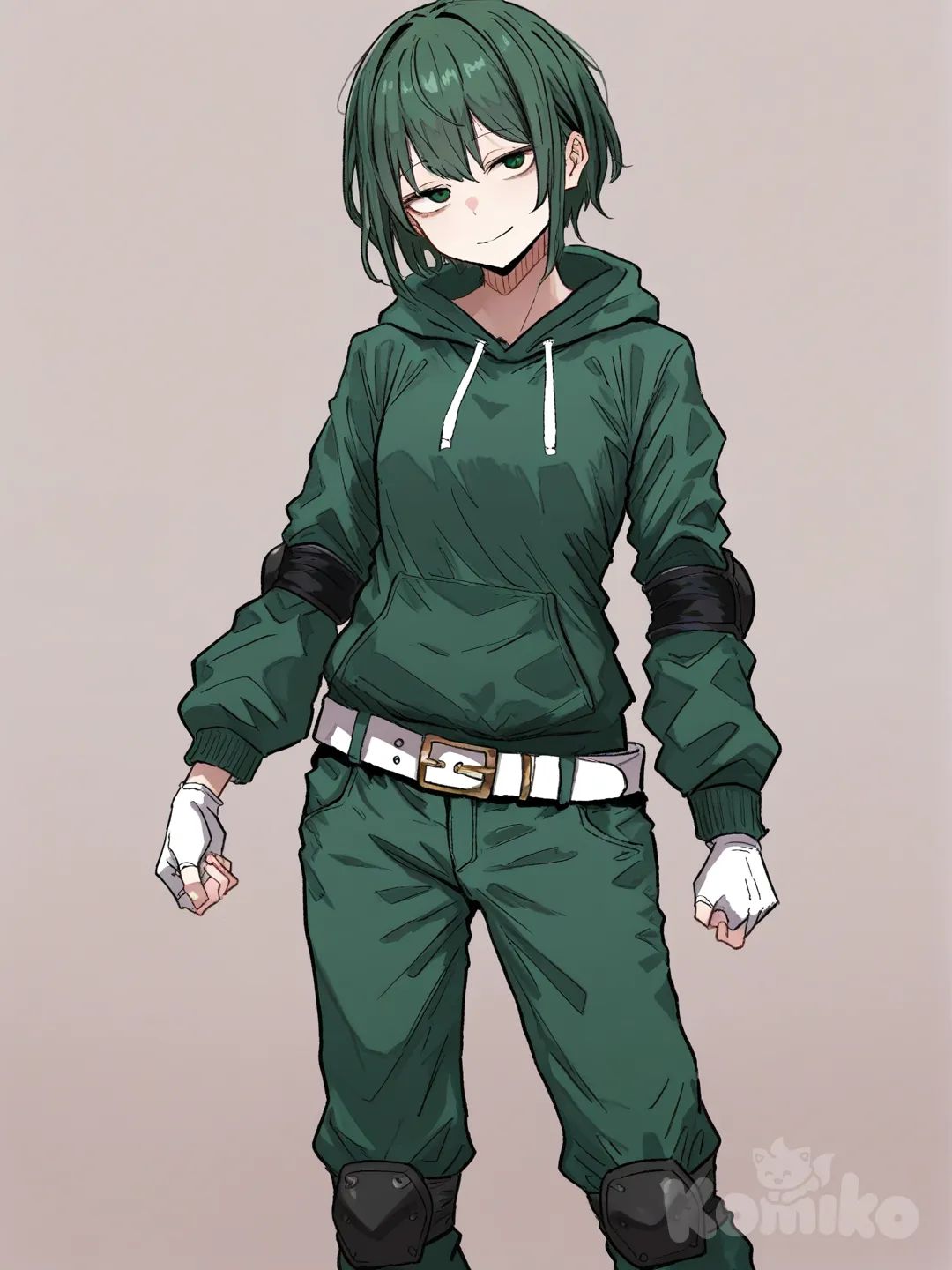 1 female, scrawny, tall, short dark green hair, dark green eyes, pale skin, small breasts, Dark green hoodie with long sleeves, White fingerless gloves and Black elbow pads, Dark green pants with black knee pads, White belt, 18 years, head tilt, clean background, smile, turning to the viewer, Facing the viewer, The character faces the viewer, [hentai-style]