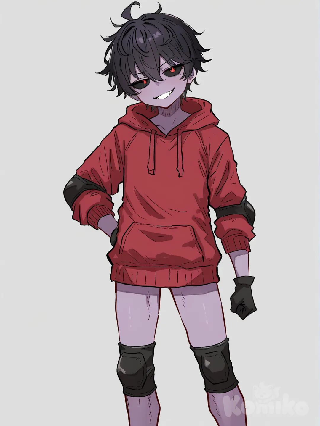 1 male, scrawny, tall, short black hair, red eyes, black sclera, dark purple skin, red hoodie, black hands, Black elbow pads, white with black knee pads, 18 years, head tilt, clean background, Facing the viewer, The character faces the viewer, [hentai-style], evil smile