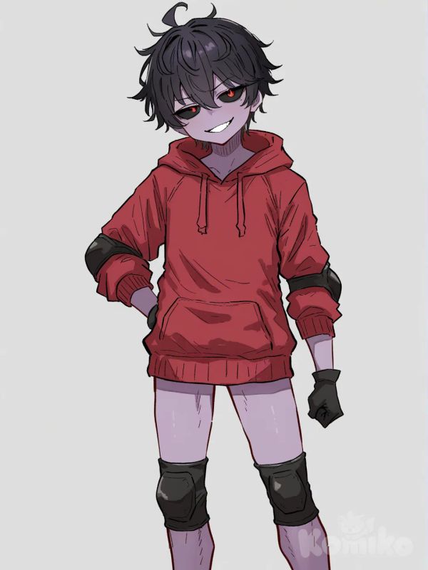 1 male, scrawny, tall, short black hair, red eyes, black sclera, dark purple skin, red hoodie, black hands, Black elbow pads, white with black knee pads, 18 years, head tilt, clean background, Facing the viewer, The character faces the viewer, [hentai-style], evil smile