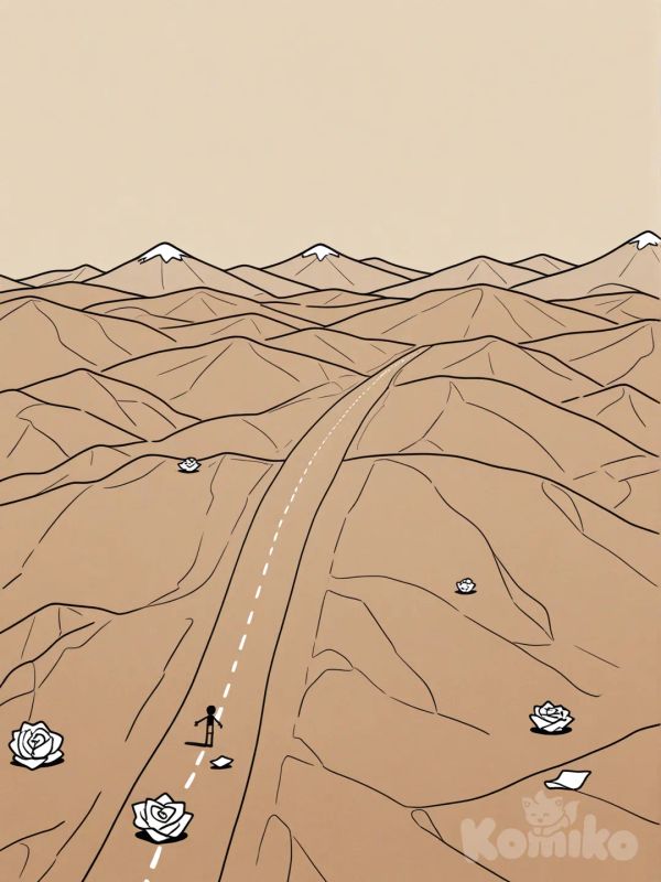 Stickman choosing between two paths, one easy flat path, one steep uphill path, mountains, motivational, minimalistic line art, crumpled brown paper background"