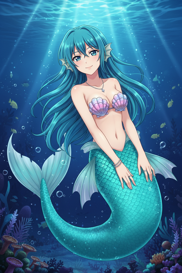 1girl, shell bikini, teasing smile, anime_style, colorful hair, ultra-<silvernaqua-ULZa> mermaid, ears fins, ocean, twilight, anime style, anime style