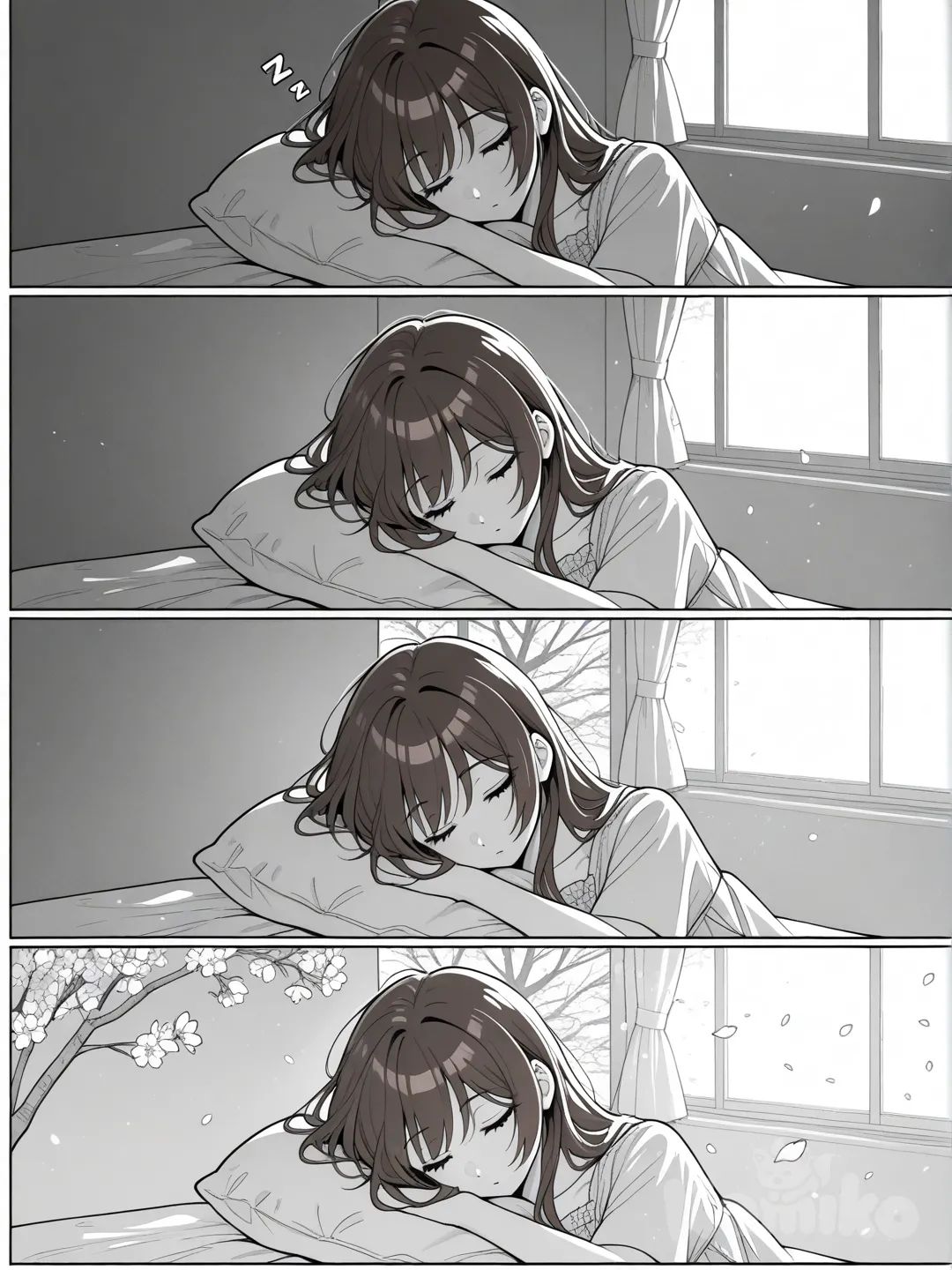 [STYLE ANCHOR: shojo manga by Arina Tanemura], black and white, screentones, professional manga panel, detail, consistent line art, emotional atmosphere

[STYLE ANCHOR: shojo manga by Arina Tanemura], black and white, screentones, professional manga panel, establishing shot, wide panoramic view of modern city at dawn, skyscrapers, morning mist, first sunlight, "And today is the awaited day..." text in corner, empty streets, cinematic, cityscape

[STYLE ANCHOR: shojo manga by Arina Tanemura], black and white, screentones, professional manga panel, upscale suburban neighborhood, elegant houses, tree-lined street, luxury cars, cherry blossoms, morning light, peaceful atmosphere, architecture, establishing location

[STYLE ANCHOR: shojo manga by Arina Tanemura], black and white, screentones, professional manga panel, close-up, beautiful 22-year-old woman sleeping, silk nightgown, messy dark brown hair on pillow, soft morning light, serene expression, "zzz" onomatopoeia, elegant bedroom, intimate