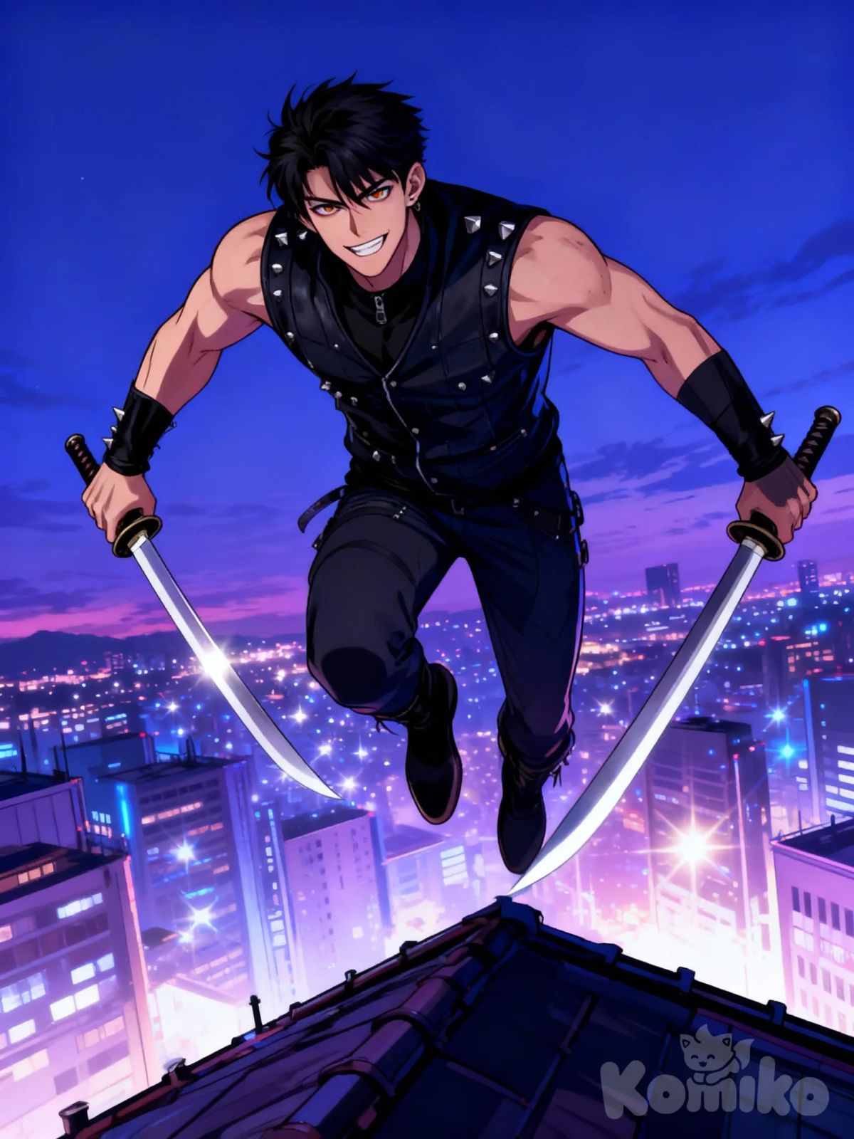 Raider , [muscular-manhwa-style], smirk, jumping from rooftop, evil smile, angry, laughing, holding two handed sword, studs, ultra-wide shot, full body, twilight, sparkle, day city