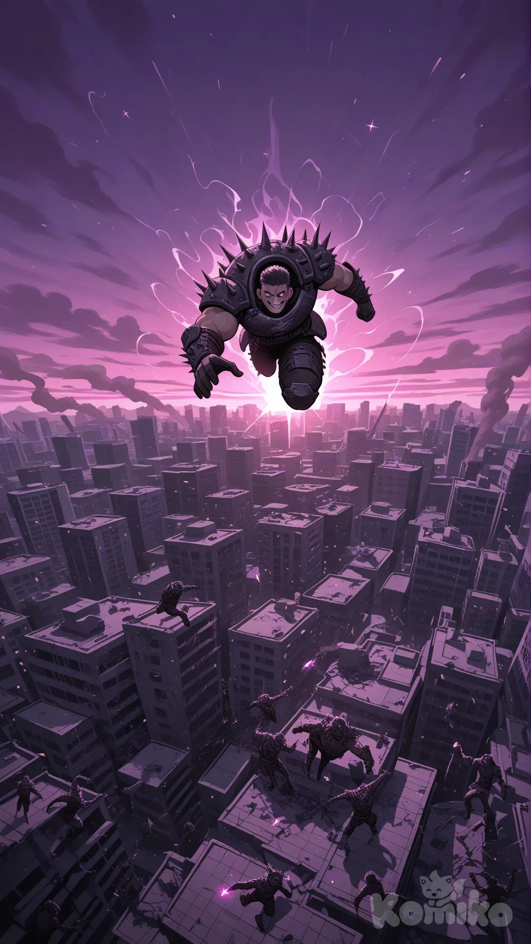 Deadly Raider , [town dark fantasy style], facing the observer, he jumps from the roof, evil studs, ultra-wide shot, full body, twilight, sparkle, city, raid on human, zombie apocalypse, attack on humans
