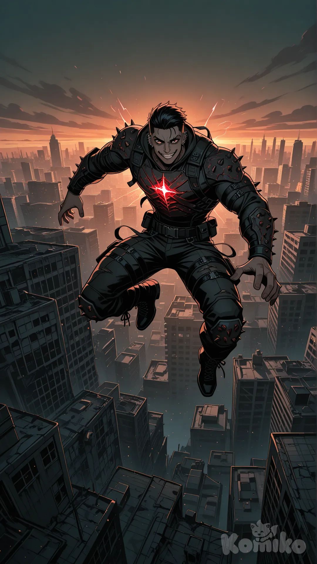 Deadly Raider , [town no magic dark fantasy style], facing the observer, he jumps from the roof, evil studs, ultra-wide shot, full body, twilight, sparkle, city, raid on human, zombie apocalypse, attack on humans