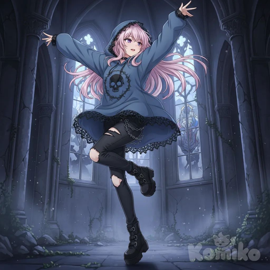 Fanart pink hair purple eyes anime blue shirt, 1girl, gothic, dancing, hoodie