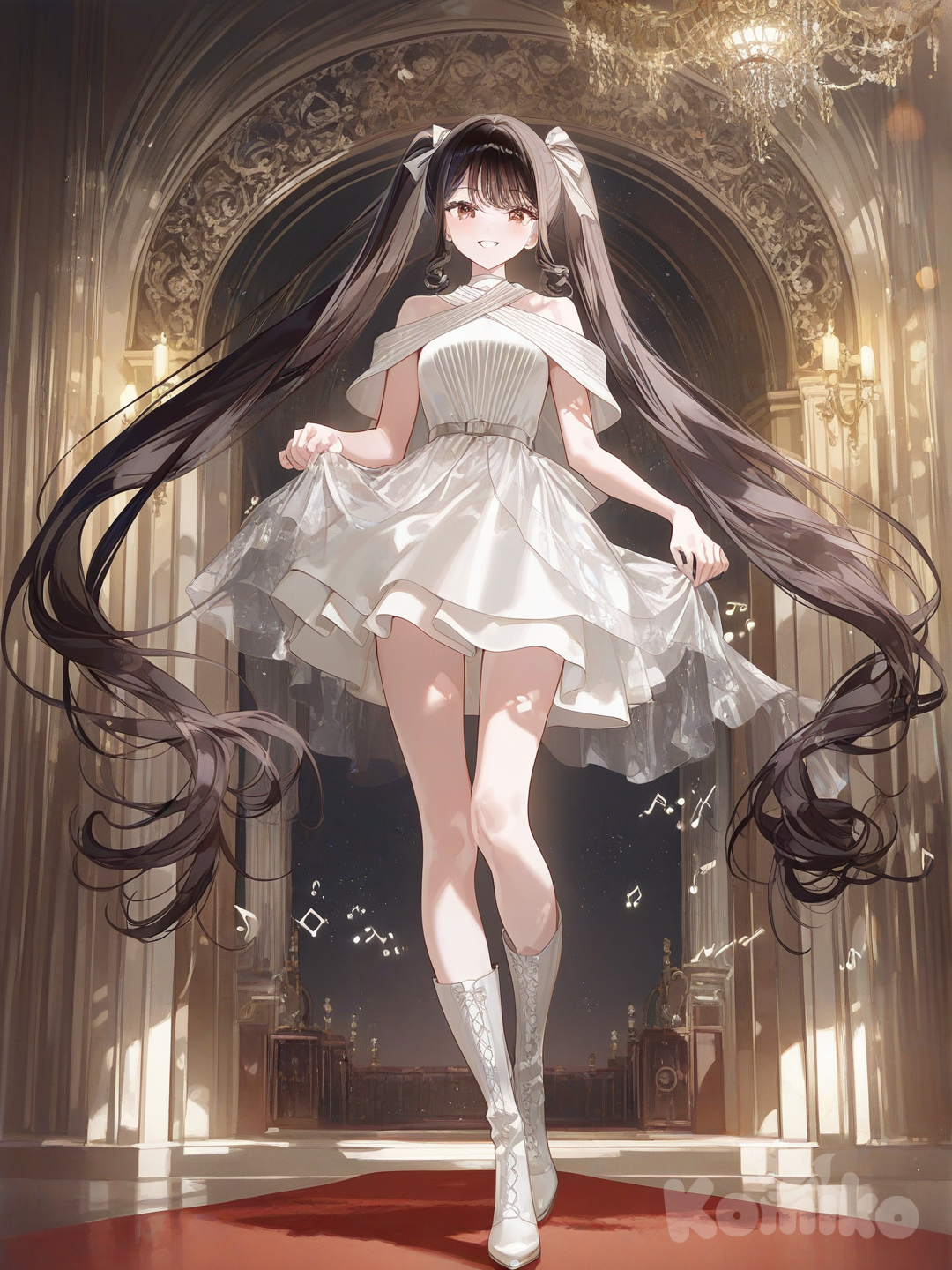 The photo depicts a full-length, athletic young woman with long, vibrant black hair tied back in pigtails. Her brown eyes radiate confidence with a radiant smile a captivating dark fantasy fashion scene, centered on a mysterious young woman standing adorned in a striking all-white ensemble and miniskirt , featuring long, sleek boots, creating an air of intrigue. The scene unfolds within a dimly-lit, gothic-style room, bathed in the warm, inviting glow of a majestic chandelier and the gentle flicker of candlelight, which dances across aged stone walls and intricate tapestries, adding depth and texture to the atmosphere. Ethereal musical notes gracefully swirl around her feet, intertwined with the delicate text "Luis Arcy," forming an enchanting aura, all set against a backdrop of deep crimson hues and a palpable sense of timeless elegance, anchored by a richly patterned Persian rug beneath her feet. The background features ornate bookshelves filled with ancient tomes and scattered, antique musical instruments, completing the scene’s opulent, mysterious charm