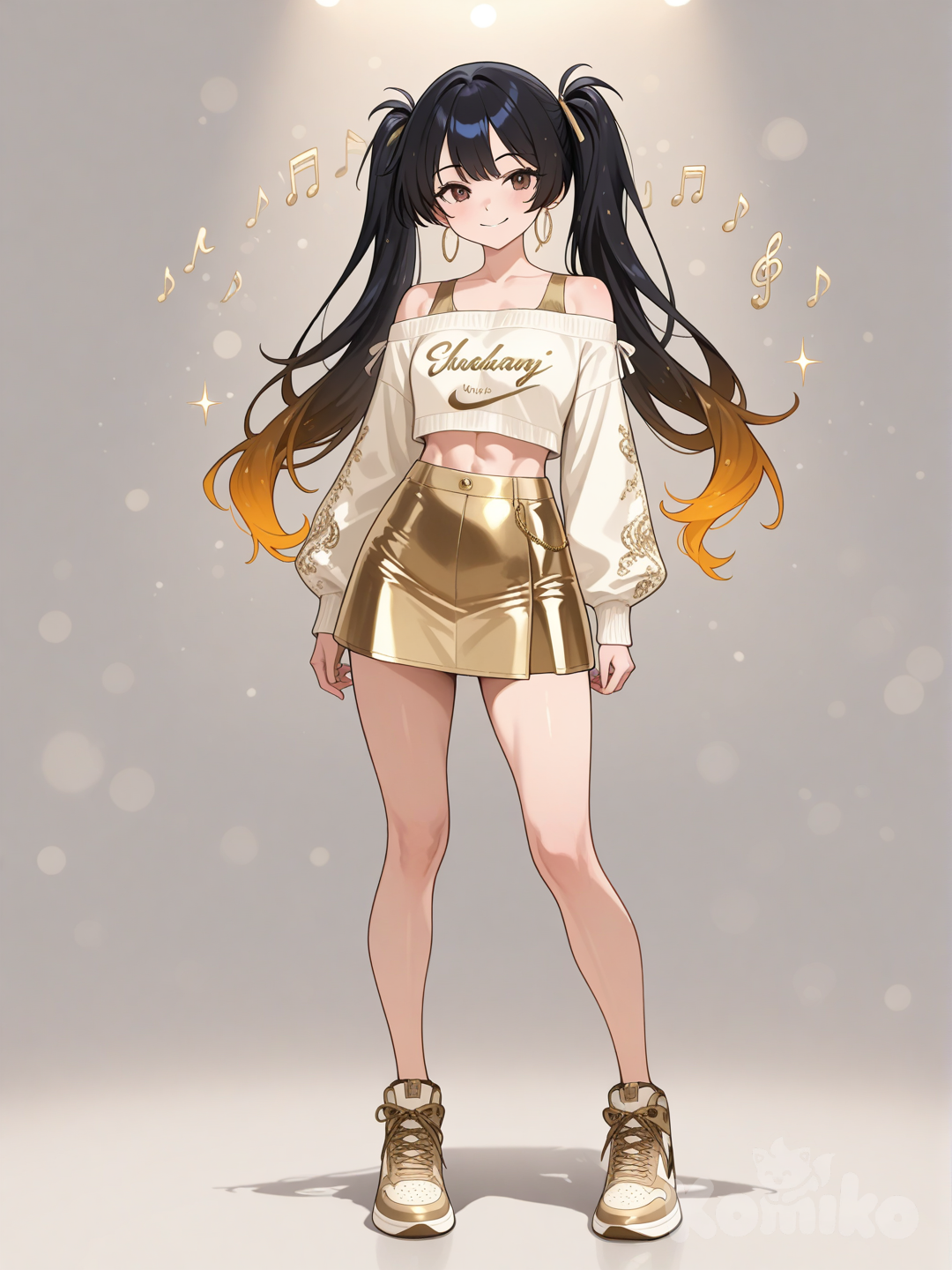 The photo depicts a full-length, athletic young woman with long, vibrant black hair tied back in pigtails. Her brown eyes radiate confidence with a radiant smile .She is elegantly dressed in a contemporary beige ensemble, featuring an off-the-shoulder top emblazoned with the word "Arcy" in refined gold lettering, paired with a form-fitting miniskirt and sleek beige and gold Nike sneakers. The scene is bathed in soft, diffused studio lighting with subtle accents of white, navy, and gold, gently illuminating her flowing dark hair against a blurred backdrop of gray walls, subtly displaying a delicate arrangement of intertwined musical notes at her feet alongside the inscription "Luis Arcy," all enhanced by a delicate bokeh effect and warm, rich tones evocative of a digital art fashion advertisement.
