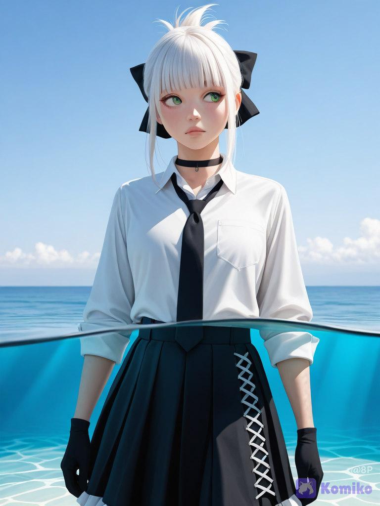 1girl, white hair, folded ponytail, hair bow, black bow, blunt bangs, tareme, green eyes, white shirt, dress shirt, black necktie, loose necktie, black skirt, white skirt, cross-laced skirt, frilled skirt, black gloves, black choker, partially underwater shot, sideways glance, :/, floating clothes, arms at sides, blue sky, looking to the side, straight-on,  Ultra realistic masterpiece, photorealistic, cinematic lighting, extremely detailed, ultra high resolution, 16K UHD, Full HD quality, hyper detailed skin texture, realistic pores, ultra realistic face, ultra realistic eyes, ultra realistic hair, realistic human body proportions, natural lighting, lifelike shadows, highly detailed facial features, sharp focus, crystal clear image, vivid colors, cinematic atmosphere, realistic depth of field, realistic reflections, realistic textures, professional photography quality, HDR, no blur, extremely sharp details, highly detailed skin, realistic eyelashes, realistic lips, realistic hair strands, natural expression, highly detailed full body portrait, photo-realistic quality, true-to-life appearance, ultra clean image quality, premium visual quality, studio quality rendering. Faithful to the reference face, preserve facial identity, natural anatomy, realistic skin imperfections, ultra detailed eyes and skin, highly realistic human texture, realistic lighting and shadows, cinematic realism, masterpiece composition, extremely high detail, professional quality.